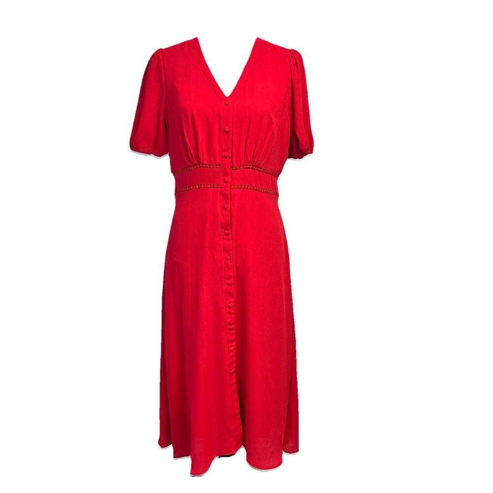 Nanette Lepore Dress size 8 Cherry Red Midi Buttons Front Modest Career Church